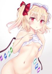 Rule 34 | 1girl, bare arms, bare shoulders, blonde hair, blush, bottomless, bow, breasts, camisole, commentary request, crystal, flandre scarlet, gradient background, grey background, groin, hair between eyes, hands up, hat, hat bow, highres, lifting own clothes, looking at viewer, mob cap, navel, nibosi, one side up, out-of-frame censoring, parted lips, partial commentary, red bow, red eyes, short hair, small breasts, solo, spaghetti strap, stomach, strap slip, touhou, underboob, upper body, white background, white hat, wings