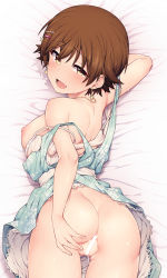 Rule 34 | 1girl, ass, blush, bra, bra pull, breasts, brown eyes, brown hair, censored, clothes lift, clothes pull, dakimakura (medium), dress, dress lift, dress pull, earrings, floral print, green dress, hair ornament, hairclip, honda mio, idolmaster, idolmaster cinderella girls, jewelry, jp06, looking at viewer, looking back, lying, medium breasts, necklace, nipples, no panties, off shoulder, open mouth, pussy, pussy juice, short hair, smile, solo, star (symbol), star earrings, strap slip, sweat, underwear, white bra