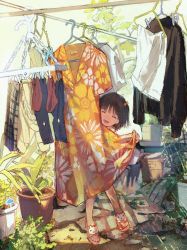 Rule 34 | 1girl, ^ ^, beads, black socks, blouse, blurry, brown hair, buchi (qooo003), child, closed eyes, clothes hanger, commentary, depth of field, dress, grin, hair beads, hair ornament, highres, laundry, laundry pole, leaning to the side, original, outdoors, plant, planter, red socks, sandals, shirt, skirt, smile, socks, solo, standing, tree, unworn dress, unworn skirt, white shirt