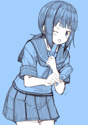 Rule 34 | 10s, 1girl, ;), blue background, blue theme, food, fubuki (kancolle), kantai collection, kouji (campus life), low ponytail, monochrome, one eye closed, pleated skirt, ponytail, popsicle, revision, school uniform, serafuku, short hair, short sleeves, simple background, sketch, skirt, smile, solo, tongue, tongue out