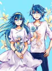 Rule 34 | 1boy, 1girl, :d, ahoge, alternate costume, alternate eye color, blue background, blue eyes, blue hair, bracelet, brother and sister, character name, chrom (fire emblem), dress, fire emblem, fire emblem awakening, flower, hair between eyes, hand on own hip, happy, height difference, holding, inigo (fire emblem), jewelry, long dress, long hair, lucina (fire emblem), mitsukato, nintendo, olivia (fire emblem), open mouth, puffy sleeves, short hair, short sleeves, siblings, sketch, smile, symbol-shaped pupils, teeth, v arms, white dress, wind
