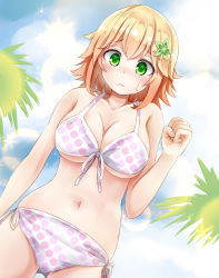 Rule 34 | 1girl, bikini, blonde hair, blush, breasts, cleavage, clenched hand, closed mouth, cloud, commentary request, cowboy shot, day, gabriel dropout, green eyes, hair ornament, hand up, highres, izuminomitsuba, large breasts, light frown, looking at viewer, medium hair, navel, outdoors, raised eyebrows, sky, solo, sparkle, sweatdrop, swimsuit, tapris chisaki sugarbell