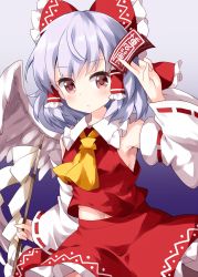 Rule 34 | 1girl, ascot, bow, brown eyes, closed mouth, collared shirt, cosplay, detached sleeves, feathered wings, feathers, frilled bow, frilled hair tubes, frilled skirt, frills, gohei, gradient background, hair bow, hair tubes, hakurei reimu, hakurei reimu (cosplay), highres, holding, japanese clothes, kishin sagume, looking at viewer, medium hair, miko, ofuda, red bow, red ribbon, red shirt, red skirt, ribbon, ribbon-trimmed sleeves, ribbon trim, ruu (tksymkw), shirt, silver hair, single wing, skirt, solo, standing, touhou, white feathers, white sleeves, white wings, wide sleeves, wings, yellow ascot