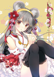 Rule 34 | 1girl, animal ear fluff, animal ears, bare shoulders, black thighhighs, brown eyes, chinese zodiac, detached sleeves, grey hair, hairband, haruna (kancolle), kantai collection, long hair, looking at viewer, mouse ears, nontraditional miko, shigunyan, solo, thighhighs, year of the rat, yellow hairband