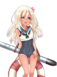 Rule 34 | 10s, 1girl, :d, bare shoulders, black neckerchief, blonde hair, blue eyes, blue sailor collar, crop top, flower, gluteal fold, hair flower, hair ornament, hibiscus, highres, kantai collection, lifebuoy, long hair, looking at viewer, neckerchief, one-piece swimsuit, one-piece tan, open mouth, ro-500 (kancolle), sailor collar, school swimsuit, shirt, simple background, sleeveless, sleeveless shirt, smile, solo, standing, swim ring, swimsuit, tan, tanline, tengxiang lingnai, torpedo, white background, white shirt