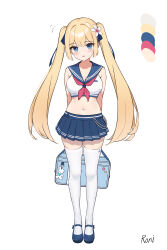 Rule 34 | 1girl, absurdres, arms behind back, bag, bare arms, bare shoulders, blonde hair, blue eyes, blue sailor collar, blue skirt, breasts, color guide, crop top, flower, full body, hair flower, hair ornament, hair ribbon, highres, holding, holding bag, large breasts, long hair, looking at viewer, mary janes, midriff, miniskirt, mr arme, navel, neckerchief, open mouth, original, pleated skirt, ribbon, sailor collar, school bag, school uniform, serafuku, shirt, shoes, sidelocks, simple background, skindentation, skirt, sleeveless, sleeveless shirt, solo, standing, stomach, sweatdrop, thighhighs, thighs, twintails, very long hair, white background, white shirt, white thighhighs, zettai ryouiki