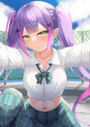 Rule 34 | 1girl, :q, absurdres, aogami high school uniform, bow, bowtie, breasts, collarbone, earrings, fence, green eyes, highres, hololive, hololive error, jewelry, licking lips, long hair, looking at viewer, medium breasts, midriff, multicolored hair, navel, navel piercing, piercing, pink hair, pointy ears, pov, purple hair, school uniform, shirt, solo focus, streaked hair, tied shirt, tobiiiiiii, tokoyami towa, tongue, tongue out, twintails, two-tone hair, virtual youtuber