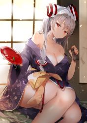 Rule 34 | 1girl, absurdres, alcohol, bare shoulders, bottle, bow, breasts, cleavage, collarbone, cup, floral print, fujiwara no mokou, hair bow, head tilt, highres, hiiro60, holding, holding bottle, japanese clothes, kimono, large breasts, long hair, looking at viewer, nail polish, off shoulder, pink nails, print kimono, purple kimono, red bow, red eyes, sakazuki, sake, short kimono, silver hair, sitting, solo, spilling, tokkuri, touhou, two-tone bow, very long hair, white bow
