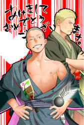 Rule 34 | 2boys, bald, bare pectorals, blonde hair, brown eyes, connie springer, crossed arms, grin, hands on own hips, happy new year, itto (mentaiko), japanese clothes, kimono, large pectorals, male focus, multiple boys, muscular, new year, nipples, open clothes, open kimono, pectorals, pout, reiner braun, shingeki no kyojin, short hair, smile, translation request, upper body