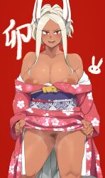 Rule 34 | 1girl, absurdres, alternate hairstyle, animal ears, animal print, bare shoulders, blush, boku no hero academia, breasts, chinese zodiac, dark-skinned female, dark skin, female focus, female pubic hair, floral print, highres, japanese clothes, kimono, large areolae, large breasts, lifting own clothes, long eyelashes, long hair, looking at viewer, minakami (flyingman555), mirko, nipple slip, nipples, no panties, obi, off shoulder, open mouth, parted bangs, pink kimono, pink nails, ponytail, pubic hair, pussy, pussy juice, pussy juice trail, rabbit ears, rabbit girl, rabbit print, red background, red eyes, sash, solo, steaming body, sweatdrop, thighs, white hair, year of the rabbit
