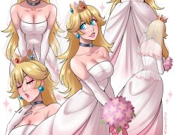 Rule 34 | 1girl, alternate costume, artist name, bare shoulders, blonde hair, blue eyes, bouquet, breasts, bridal veil, choker, cleavage, crown, dangerousbride, dress, earrings, elbow gloves, facing away, female focus, flower, gloves, head out of frame, highres, holding, holding bouquet, jewelry, long hair, looking at viewer, mario (series), medium breasts, multiple views, nintendo, official alternate costume, parted lips, pink flower, princess peach, see-through, smile, solo, strapless, strapless dress, the super mario bros. movie, veil, wedding dress, white dress, white gloves