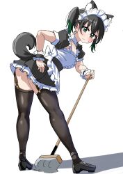 Rule 34 | 1girl, absurdres, animal ears, ass, black dress, black footwear, black tail, black thighhighs, blush, bow, commentary request, dress, ereka, gradient hair, green eyes, green hair, hand on own hip, highres, holding, holding mop, leaning forward, looking at viewer, love live!, love live! nijigasaki high school idol club, maid, maid headdress, mary janes, medium hair, mop, multicolored hair, shoes, solo, tail, takasaki yu, thighhighs, twintails, white bow, wolf ears, wolf tail, wrist cuffs