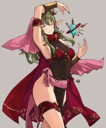 Rule 34 | 1girl, absurdres, breasts, cape, cleavage, covered navel, dragonstone, earrings, fire emblem, fire emblem awakening, fire emblem heroes, gold trim, green eyes, green hair, groin, highres, jewelry, long hair, looking at viewer, medium breasts, nintendo, one eye closed, pelvic curtain, pointy ears, ponytail, red cape, sakuremi, see through shanghai, smile, solo, thigh strap, thighs, tiki (adult) (fire emblem), tiki (fire emblem)