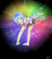 Rule 34 | 10s, 1girl, absurdres, bare legs, barefoot, blue eyes, blue hair, bow, bowtie, denpa onna to seishun otoko, feet, highres, long hair, looking at viewer, matching hair/eyes, open mouth, priyaphr, rainbow, smile, soles, solo, toes, touwa erio, uniform