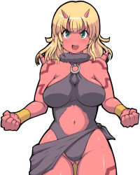 Rule 34 | 1girl, blonde hair, blush, breasts, colored skin, demon girl, dragon quest, dragon quest x, fang, gluteal fold, green eyes, horns, kihaiu, large breasts, looking at viewer, navel, ogre, ogre (dq10), open mouth, red skin, short hair, simple background, solo, white background