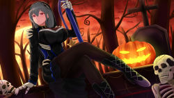 Rule 34 | 1girl, archstreal, azur lane, bat (animal), black corset, black footwear, boots, breasts, corset, cross, cross necklace, earrings, full moon, gloves, glowing, grey hair, hairband, halloween, halloween costume, highres, jack-o&#039;-lantern, jewelry, large breasts, long hair, looking at viewer, mole, mole under eye, moon, necklace, outdoors, red eyes, saint-louis (azur lane), simple background, sitting, sitting on object, solo, solo focus, tagme, white gloves