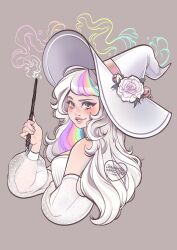 Rule 34 | 1girl, artist name, blonde hair, blue hair, blush, commentary, dress, flower, from side, green hair, green nails, hat, hat flower, highres, holding, holding wand, long hair, merimahou, multicolored hair, multicolored nails, original, parted lips, pink hair, pink nails, purple eyes, purple hair, rainbow hair, see-through, see-through sleeves, smile, solo, streaked hair, symbol-only commentary, upper body, wand, watermark, white dress, white hair, white hat, witch hat