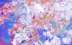 Rule 34 | 1girl, blue background, branch, cherry blossoms, closed mouth, collared shirt, colorful, expressionless, fingernails, flower, from side, hair between eyes, ham melon (iloha 24), hand on own chest, looking at viewer, nail polish, original, parted bangs, parted lips, pink eyes, pink flower, pink nails, portrait, profile, ringed eyes, shirt, sidelocks, sideways glance, solo, spring (season), upper body, white hair, white shirt