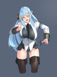 Rule 34 | 1girl, beeeeen, black thighhighs, blue background, blue hair, breasts, headset, hraesvelgr (last origin), impossible clothes, impossible leotard, large breasts, last origin, leotard, light blue hair, long hair, necktie, simple background, solo, thighhighs, yellow eyes