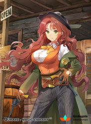 Rule 34 | 1girl, ammunition belt, ascot, bandolier, belt, breasts, brown gloves, character request, collared shirt, cowboy hat, cowboy western, gloves, green eyes, gun, handgun, hat, holster, ice (ice aptx), large breasts, long coat, long hair, multiple belts, off shoulder, official art, pants, pinstripe pants, pinstripe pattern, pistol, qurare magic library, red hair, revolver, sheriff, sheriff badge, shirt, solo, striped, very long hair, vest, wavy hair, weapon