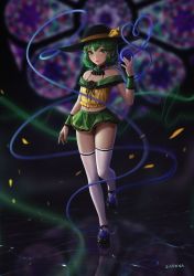 Rule 34 | 1girl, ascot, bare shoulders, black ascot, black footwear, black hat, blurry, blurry background, commentary, depth of field, green eyes, green hair, halterneck, hand up, hat, hat ornament, highres, komeiji koishi, looking at viewer, sarena, shirt, shoes, short hair, signature, sleeveless, sleeveless shirt, smile, solo, standing, thighhighs, third eye, touhou, white thighhighs, wristband