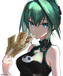 Rule 34 | 1girl, animal print, aqua eyes, arm at side, bad id, bad twitter id, bare arms, bare shoulders, bear print, black dress, breasts, china dress, chinese clothes, closed mouth, dress, eyebrows hidden by hair, eyes visible through hair, green hair, hair between eyes, hair intakes, hand up, holding, holding ofuda, hou (ppo), large breasts, looking at viewer, neck, ofuda, panda print, shaman king, short hair, simple background, sleeveless, sleeveless dress, smile, solo, tao jun, upper body, white background