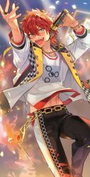 Rule 34 | 1boy, :d, amagi rinne, bangle, black pants, blue eyes, blush, bracelet, chain, chain belt, chain necklace, confetti, earpiece, earrings, ensemble stars!, fangs, feet out of frame, hair between eyes, highres, holding, holding microphone, honeycomb (pattern), houndstooth, jacket, jewelry, korean commentary, kuzuvine, lapel pin, looking at viewer, male focus, microphone, midriff peek, music, necklace, open clothes, open jacket, open mouth, outstretched arm, pants, print shirt, shirt, short hair, singing, smile, solo, sweat, teeth, upper teeth only, v-shaped eyebrows, white jacket, white shirt