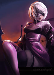 Rule 34 | 1girl, black blindfold, black dress, black footwear, black hairband, blindfold, boots, breasts, commentary, covered eyes, crossed legs, dress, english commentary, ero persona, hairband, juliet sleeves, lips, long sleeves, medium breasts, mole, mole under mouth, nier (series), nier:automata, patreon username, puffy sleeves, see-through, see-through legwear, short hair, silver hair, sitting, solo, sunset, thigh boots, thighhighs, thighhighs under boots, thighs, watermark, web address, 2b (nier:automata)