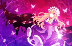 Rule 34 | 1girl, bad id, bad pixiv id, blonde hair, bodice, bow, breasts, bug, butterfly, dress, elbow gloves, eyeball, frown, gap (touhou), gloves, gradient background, hair bow, hat, hat ribbon, insect, lens flare, light, light trail, long hair, looking at viewer, medium breasts, mob cap, open hand, pantyhose, perfect cherry blossom, puffy short sleeves, puffy sleeves, purple eyes, reaching, remirya koumakan, ribbon, short sleeves, solo, touhou, white pantyhose, yakumo yukari