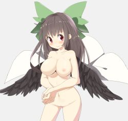 Rule 34 | 1girl, bad id, bad pixiv id, black hair, black wings, blush, bow, breasts, cape, collarbone, female focus, hair bow, large breasts, long hair, naked cape, nipples, nude, pussy, red eyes, reiuji utsuho, sil, simple background, smile, solo, supershiruco, touhou, uncensored, wings