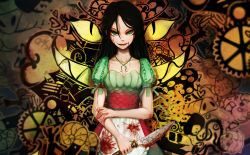 Rule 34 | 1girl, alice: madness returns, alice (alice in wonderland), alice liddell (american mcgee&#039;s alice), american mcgee&#039;s alice, american mcgee's alice, apron, black hair, blood, blood on clothes, blood on face, bloody knife, cheshire cat (alice in wonderland), collarbone, gears, green eyes, knife, long hair, looking at viewer, md5 mismatch, puffy short sleeves, puffy sleeves, qys3, resolution mismatch, short sleeves, smile, solo, source smaller, waist apron
