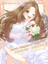Rule 34 | 1girl, ahoge, bouquet, bracelet, breasts, brown hair, character name, clothing cutout, commentary, dated, dress, earrings, floral print, flower, frilled dress, frills, green eyes, hair ribbon, hand up, happy birthday, highres, holding, holding bouquet, idolmaster, idolmaster million live!, index finger raised, jewelry, long hair, long sleeves, looking at viewer, medium breasts, nikaidou chizuru, one eye closed, parted bangs, pink background, ponytail, ribbon, see-through, see-through sleeves, shiro (ongrokm), shoulder cutout, solo, teeth, upper teeth only, white dress, white ribbon