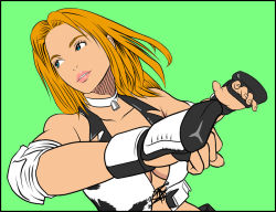 Rule 34 | 1girl, animal print, blue eyes, breasts, cow print, dixie clemets, elbow pads, fingerless gloves, gloves, konami, large breasts, orange hair, parted lips, rumble roses, solo, upper body