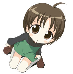 Rule 34 | 00s, 1girl, animal yokochou, brown hair, chibi, chibi only, from above, full body, ixy, ku-chan, loafers, long sleeves, looking at viewer, looking up, shoes, simple background, sitting, solo, wariza, white background, white legwear