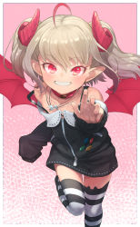 Rule 34 | 1girl, ahoge, animal ear legwear, badge, bare shoulders, blush, button badge, collar, curled horns, demon girl, demon wings, foot out of frame, grey hair, highres, horns, jewelry, looking at viewer, makaino ririmu, makaino ririmu (2nd costume), medium hair, multicolored hair, nail polish, necklace, nijisanji, off-shoulder jacket, off shoulder, outstretched arm, pink nails, pointy ears, reaching, reaching towards viewer, red collar, red eyes, red hair, red horns, red wings, sabamen, sleeves past fingers, sleeves past wrists, smile, solo, strap slip, streaked hair, striped clothes, striped thighhighs, teeth, thighhighs, twintails, two-tone hair, virtual youtuber, wings, zettai ryouiki