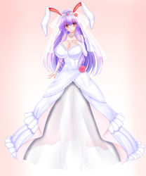 Rule 34 | 1girl, animal ears, arm at side, bead necklace, beads, blush, braid, breast hold, breasts, bridal gauntlets, bridal veil, cleavage, cleavage cutout, clothing cutout, dress, flower, french braid, hair flower, hair ornament, happy, highres, jewelry, kou (inaba), large breasts, long dress, long hair, looking at viewer, necklace, pantyhose, purple hair, rabbit ears, red eyes, reisen udongein inaba, ring, rose, see-through, shoes, smile, solo, tiara, touhou, veil, very long hair, wedding band, wedding dress, wedding ring, white pantyhose