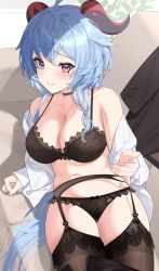 Rule 34 | 1girl, absurdres, ahoge, black bra, black panties, blouse, blue hair, blush, bow, bow bra, bow panties, bra, breasts, cleavage, unworn clothes, collarbone, couch, ganyu (genshin impact), garter belt, garter straps, genshin impact, highres, horns, hyouuma, lace, lace-trimmed bra, lace-trimmed legwear, lace-trimmed panties, lace trim, lingerie, long hair, looking at viewer, lying, medium breasts, navel, open clothes, open shirt, panties, pulled by self, purple eyes, shirt, sidelocks, sitting, smile, solo, strap pull, thighhighs, underwear, white shirt