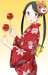 Rule 34 | 1girl, bear mask, black eyes, black hair, blush, breasts, candy apple, floral print, food, from side, holding, holding food, japanese clothes, kantai collection, kimono, kumadano, long hair, mask, mikuma (kancolle), obi, open mouth, sash, simple background, solo, twintails, yellow background, yukata