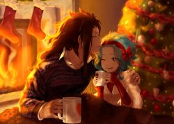 Rule 34 | 1boy, 1girl, ;d, black hair, blue hair, blurry, blurry background, bow, brown eyes, christmas tree, collarbone, ear piercing, fairy tail, fire, kissing forehead, gajeel redfox, hair bow, hairband, hetero, highres, jacket, jewelry, kiss, kissing forehead, ksmile1313, levy mcgarden, long hair, long sleeves, one eye closed, open mouth, piercing, print sweater, red bow, red hairband, red sweater, ring, short hair, sitting, smile, sweater, under covers, wedding band, white jacket