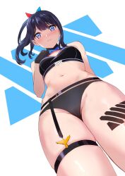 Rule 34 | 1girl, absurdres, art itou, bikini, black bikini, black hair, blue eyes, blush, breasts, gridman universe, gridman universe (film), groin, highres, long hair, looking at viewer, medium breasts, multicolored clothes, navel, official alternate costume, official alternate hairstyle, ponytail, simple background, solo, ssss.gridman, standing, stomach, swimsuit, takarada rikka, takarada rikka (solarain toys), thick thighs, thigh strap, thighs, variant set, water, wet, white background