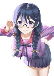 1girl absurdres adjusting_eyewear bakemonogatari black_bow black_bowtie black_hair blush bow bowtie braid breasts glasses hair_ornament hairclip hand_on_own_hip hanekawa_tsubasa hanging_breasts highres large_breasts leaning_forward long_hair looking_at_viewer monogatari_(series) naoetsu_high_school_uniform pink_shirt purple_eyes purple_skirt school_uniform shirt simple_background skirt smile solo twin_braids wan_xing white_background