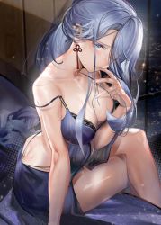 Rule 34 | 1girl, absurdres, ass, bad id, bad pixiv id, bare shoulders, blush, breasts, butt crack, cleavage, collarbone, colored eyelashes, crossed legs, earrings, eyelashes, finger to mouth, genshin impact, grey eyes, hair over one eye, highres, indoors, jewelry, knees, large breasts, lingerie, long hair, looking at viewer, nail polish, negligee, nigoolas, no nose, on bed, one eye closed, shenhe (genshin impact), shiny skin, silver hair, silver nails, sitting, solo, tassel, tassel earrings, thighs, underwear, window