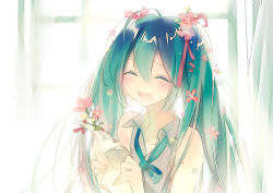 Rule 34 | 1girl, ^ ^, anniversary, aqua hair, blush, closed eyes, collared shirt, curtains, day, flower, hair between eyes, hair flower, hair ornament, hair ribbon, hajida, hands up, happy tears, hatsune miku, holding, holding paper, indoors, long hair, open mouth, paper, pink flower, pink ribbon, ribbon, shirt, shoulder tattoo, sleeveless, sleeveless shirt, solo, tattoo, tears, twintails, vocaloid, window