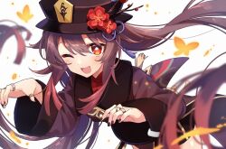 Rule 34 | 1girl, black hat, black nails, black shorts, blush, brown hair, bug, butterfly, flower, flower-shaped pupils, genshin impact, gradient hair, hair between eyes, hat, hat flower, highres, hu tao (genshin impact), insect, jewelry, long hair, long sleeves, looking at viewer, multicolored hair, multiple rings, nail polish, one eye closed, open mouth, red eyes, red hair, ring, rono (iwant ab), shorts, sidelocks, simple background, solo, symbol-shaped pupils, tassel, twintails, very long hair, white background