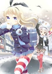 Rule 34 | 10s, 2girls, absurdres, amatsukaze (kancolle), bag, blonde hair, blue scarf, blue skirt, coat, dim sum, earmuffs, eating, hair tubes, hairband, hayasit, highres, kantai collection, loafers, long hair, mittens, multiple girls, open mouth, outdoors, pleated skirt, red legwear, rensouhou-chan, scarf, school bag, shimakaze (kancolle), shoes, shopping bag, silver hair, skirt, snowing, striped clothes, striped legwear, striped thighhighs, thighhighs, two side up, wars-ma, white scarf, winter, winter clothes