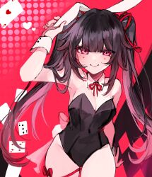 1girl ace_(playing_card) ace_of_hearts animal_ears bare_shoulders black_leotard breasts brown_hair butterfly-shaped_pupils card cleavage detached_collar fake_animal_ears flower_tattoo heart highres hip_bones honkai:_star_rail honkai_(series) leotard long_hair looking_at_viewer mark_under_both_eyes pink_eyes pink_ribbon playboy_bunny playing_card rabbit_ears red_nails red_rope ribbon rope shinoo0915 smile solo sparkle_(honkai:_star_rail) strapless strapless_leotard symbol-shaped_pupils tattoo twintails very_long_hair wrist_cuffs