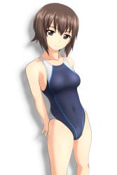 Rule 34 | 1girl, absurdres, against wall, black one-piece swimsuit, brown eyes, brown hair, collarbone, commentary request, competition swimsuit, covered navel, cowboy shot, girls und panzer, highres, light smile, looking at viewer, nishizumi maho, one-piece swimsuit, short hair, simple background, solo, split mouth, standing, swimsuit, takafumi, white background
