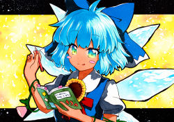 Rule 34 | 1girl, :3, :q, bad id, bad pixiv id, blue bow, blue dress, blue eyes, blue hair, blush stickers, book, bookmark, bow, cirno, collared shirt, commentary request, dress, dress shirt, flower, gradient eyes, hair bow, hands up, holding, holding book, holding pencil, ice, ice wings, letterboxed, morning glory, multicolored eyes, neck ribbon, open book, outside border, painting (medium), pencil, pinafore dress, pink flower, plant, puffy short sleeves, puffy sleeves, qqqrinkappp, raised eyebrows, red ribbon, ribbon, shirt, short hair, short sleeves, sleeveless dress, solo, square, star (symbol), sunflower, tan, tanned cirno, tongue, tongue out, touhou, traditional media, upper body, vines, watercolor (medium), white shirt, wing collar, wings, yellow eyes, yellow flower