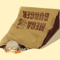 Rule 34 | 1girl, bag, beige background, blush stickers, braid, closed eyes, commentary, elbow gloves, fingerless gloves, gloves, grey hair, hair tubes, highres, in bag, in container, kizuna akari, konohoshi, long hair, lying, mini person, minigirl, on stomach, open mouth, orange gloves, paper bag, sleeping, solo, striped clothes, striped gloves, symbol-only commentary, twin braids, very long hair, vocaloid, voiceroid, yellow background