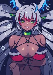 Rule 34 | 1girl, absurdres, ahoge, arm under breasts, bacon strips, bare shoulders, bikini, borrowed character, breasts, choker, cleavage, collarbone, commission, dark-skinned female, dark skin, green eyes, grey hair, grin, highres, large breasts, looking at viewer, multicolored hair, navel, o-ring, o-ring bikini, o-ring top, original, parted lips, red bikini, red hair, short hair, smile, solo, swimsuit, teeth, upper body